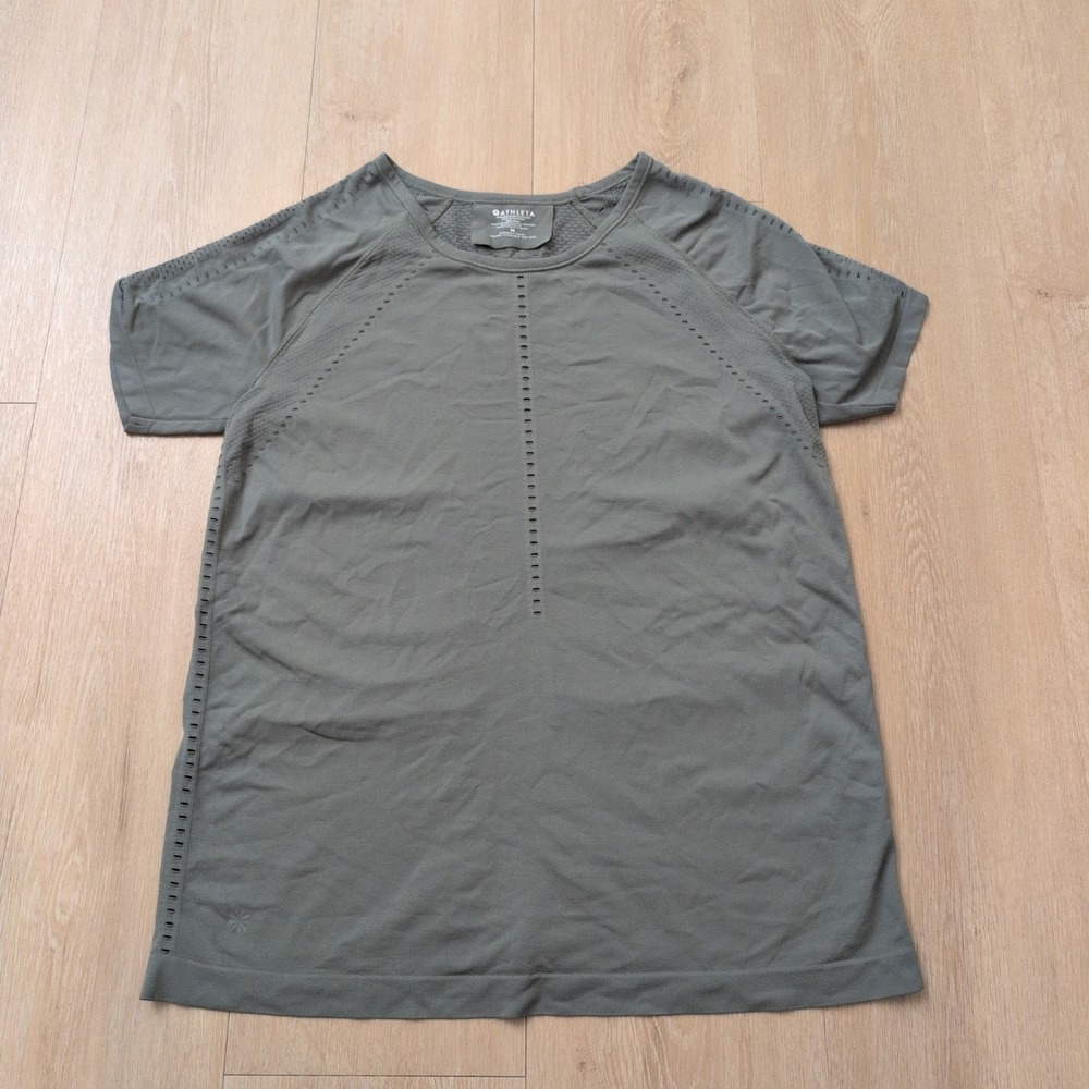 Athleta In Motion Tee Olive Green Seamless Perforated Athletic Shirt Medium